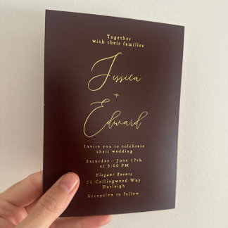 Burgundy Wine & Gold Foil Wedding Invitation