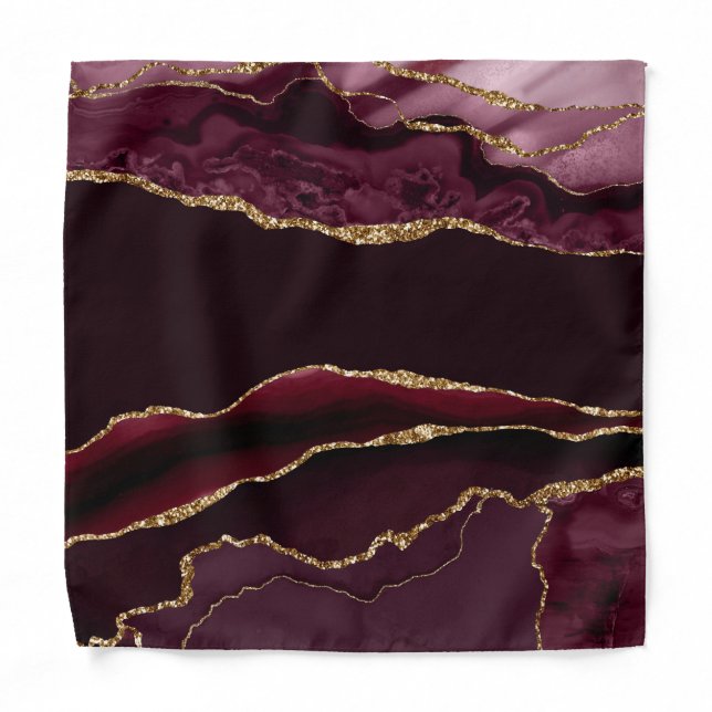Burgundy Wine Gold Glitter Agate Pocket Square Bandana (Front)