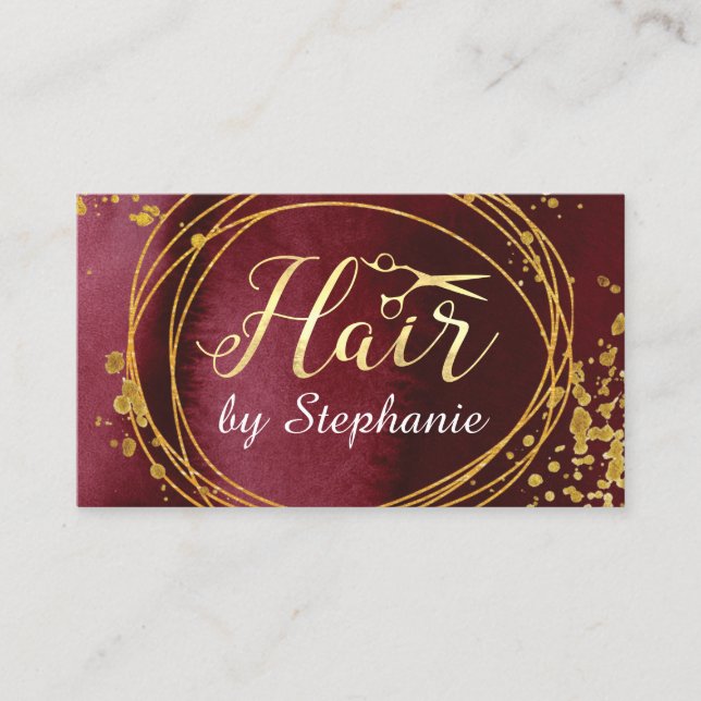 Burgundy Wine Gold Scissors Hairstylist Hair Salon Business Card (Front)
