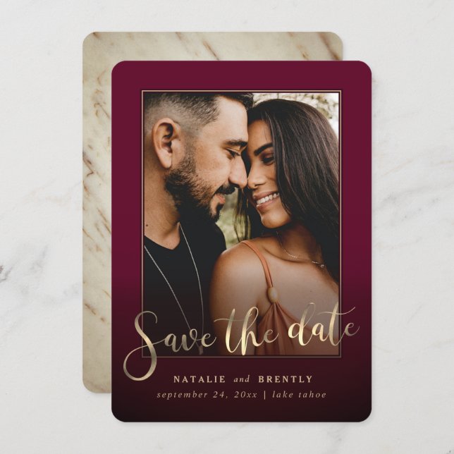 Burgundy Wine Gold Script & Marble Photo Overlay Save The Date (Front/Back)