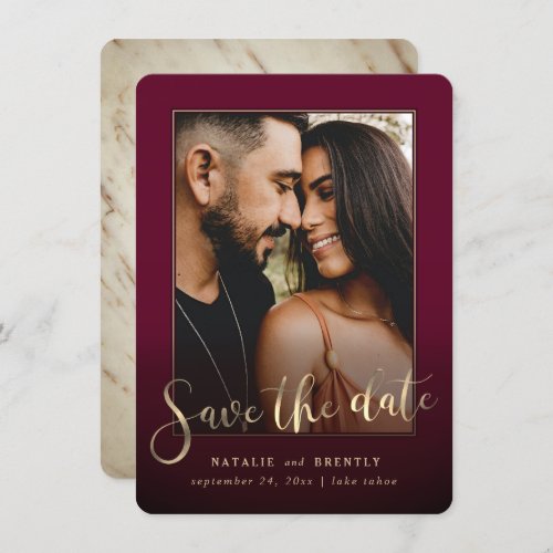 Burgundy Wine Gold Script  Marble Photo Overlay Save The Date