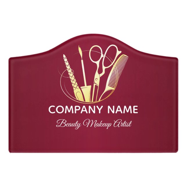 Burgundy Wine & Golden Beauty Salon Door Sign (Small Crest Front)