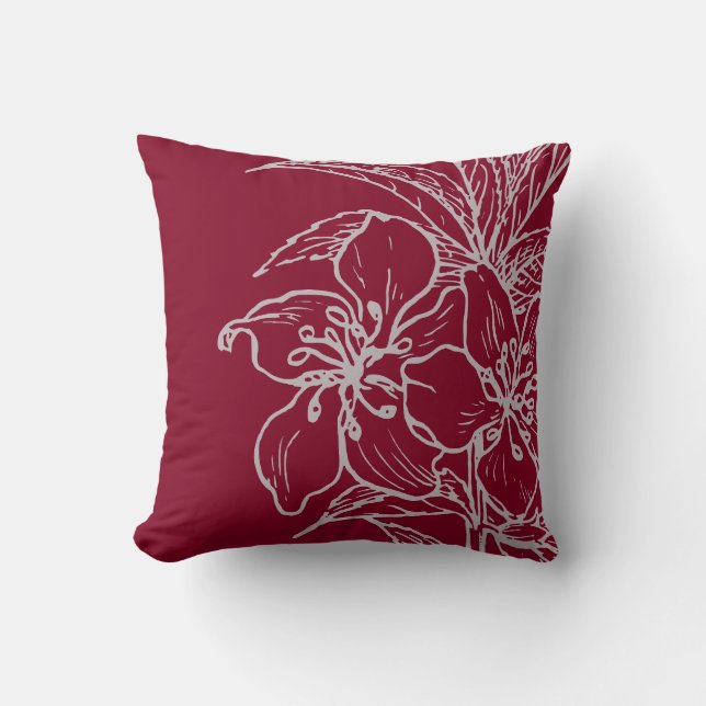 Burgundy Wine & Gray Botanical | Almond Plant Throw Pillow (Front)