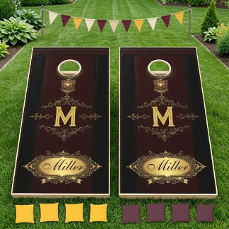 Burgundy Wine Leather Monogram Gold Crest Family  Cornhole Set