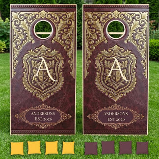 Burgundy Wine Leather Texture Monogram Gold Crest  Cornhole Set