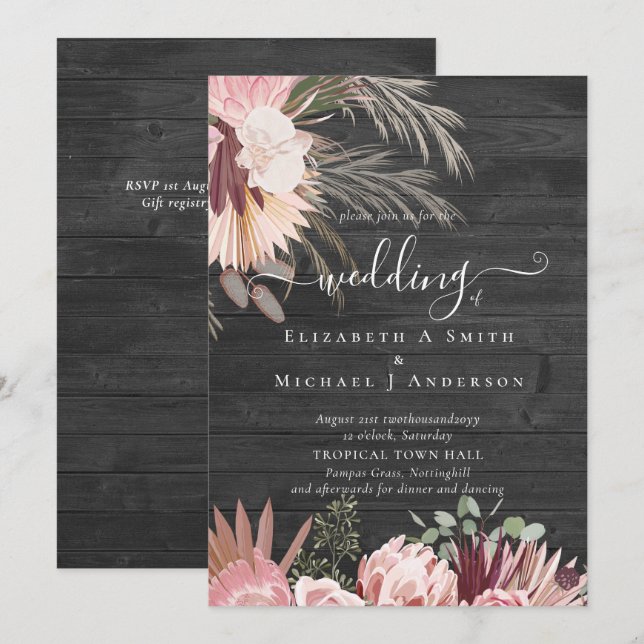 Burgundy Wine Pampas Grass Tropical Wedding (Front/Back)