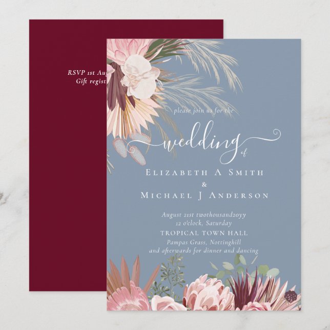 Burgundy Wine Pampas Grass Tropical Wedding (Front/Back)