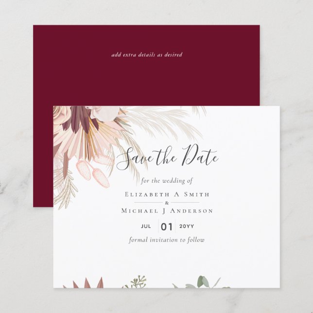 Burgundy Wine Pampas Grass Tropical Wedding (Front/Back)