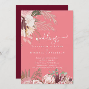 Burgundy Wine Pampas Grass Tropical Wedding Invitation