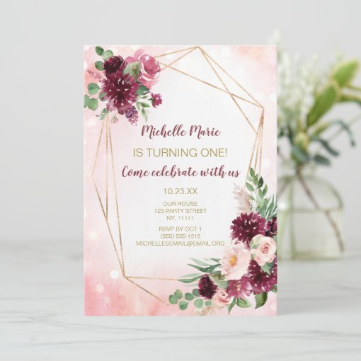 Burgundy Wine Pink and Gold Floral First Birthday Invitation | Zazzle