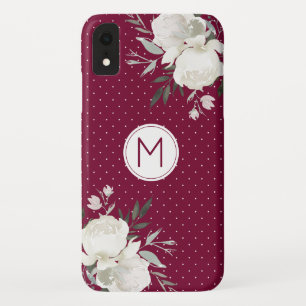 Burgundy Wine Polka Dot White Rose Floral Monogram iPhone XR Case