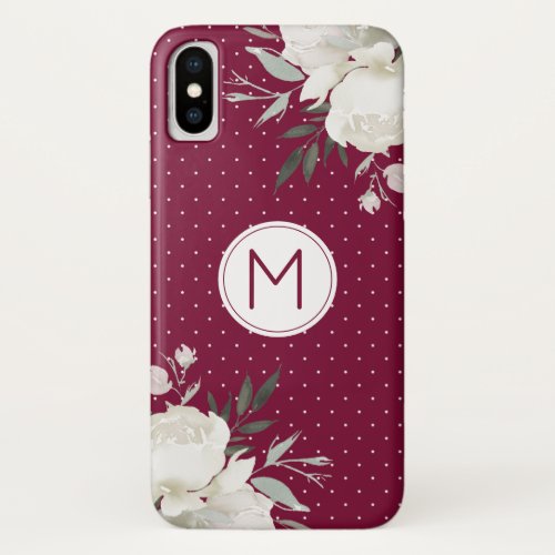 Burgundy Wine Polka Dot White Rose Floral Monogram iPhone XS Case