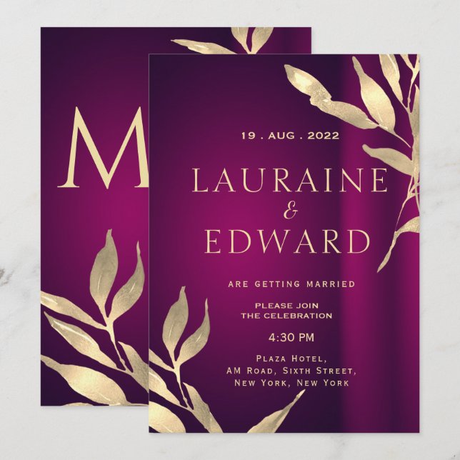 Burgundy wine red and golden foil leaves invitation (Front/Back)
