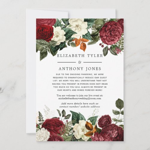 Burgundy Wine Red Floral Reduced Wedding Guests Announcement