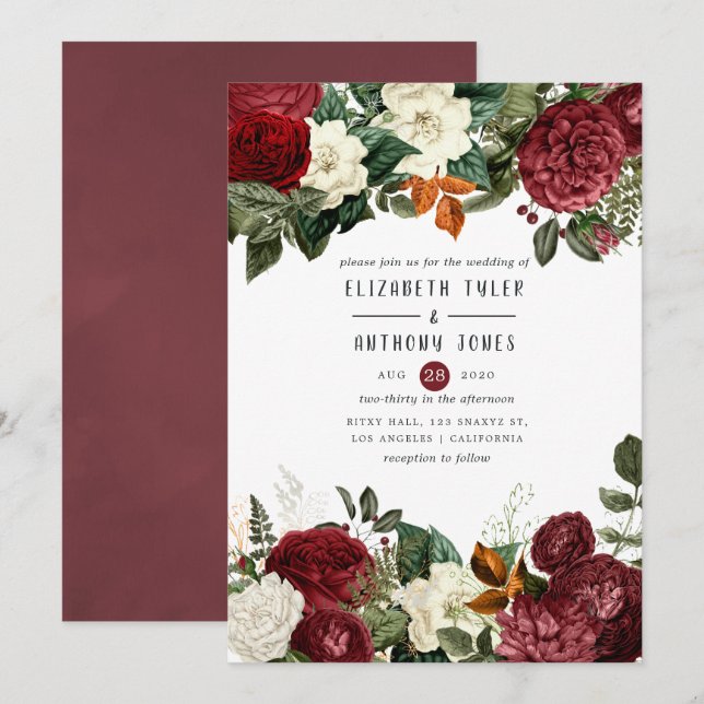 Burgundy Wine Red Floral Wedding Invitation (Front/Back)