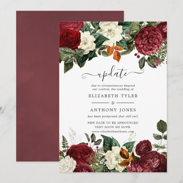 Burgundy Wine Red Floral Wedding Update Invitation (Front/Back)