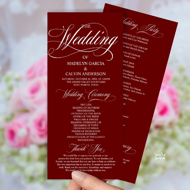 Burgundy Wine Red Modern Script All In One Wedding Program (Modern Script All In One Wedding Program Card in Burgundy Wine Red)