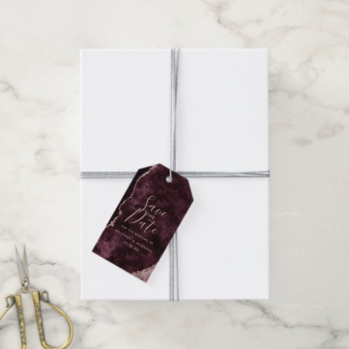 Burgundy Wine Rose Gold Agate Marble Save the Date Gift Tags