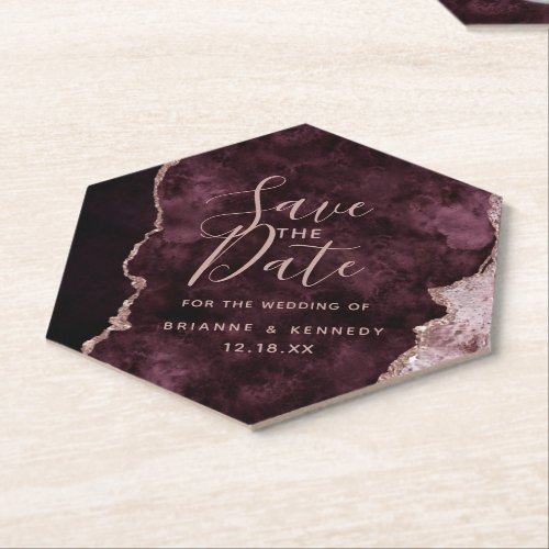 Burgundy Wine Rose Gold Agate Marble Save the Date Paper Coaster