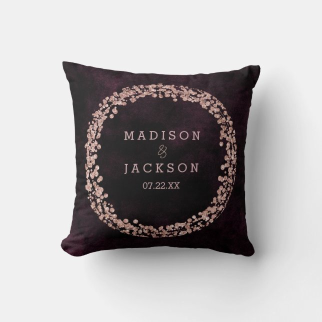 Burgundy Wine & Rose Gold Confetti Monogram Ring Throw Pillow (Front)