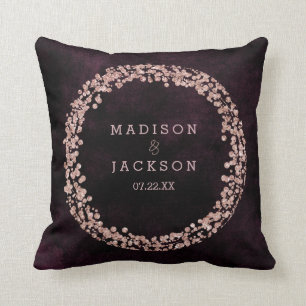 Burgundy Wine & Rose Gold Confetti Monogram Ring Throw Pillow