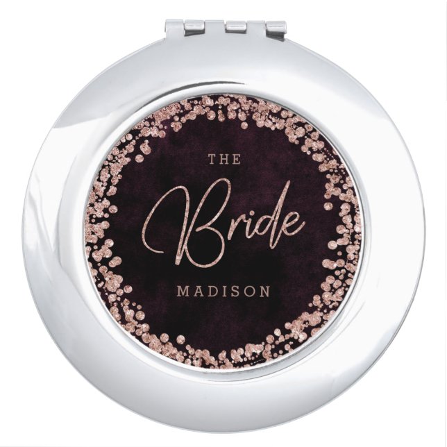 Burgundy Wine & Rose Gold Confetti Wedding Bride Vanity Mirror (Front)