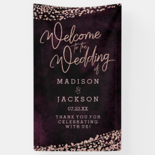 Burgundy Wine Rose Gold Confetti Wedding Welcome Banner