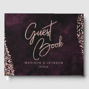 Burgundy Wine & Rose Gold Glam Wedding Monogram Guest Book