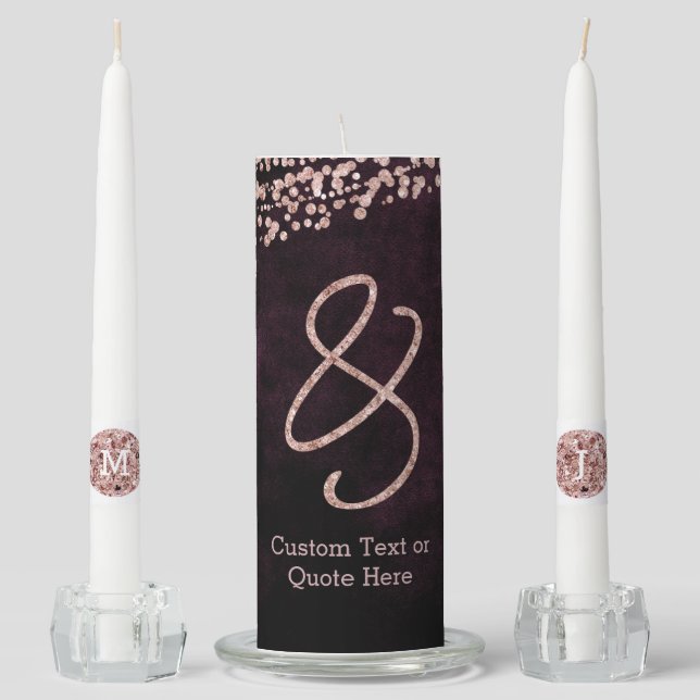 Burgundy Wine & Rose Gold Glam Wedding Monogram Unity Candle Set (Front)