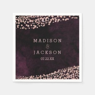 Burgundy Wine & Rose Gold Monogram Wedding Paper Napkins