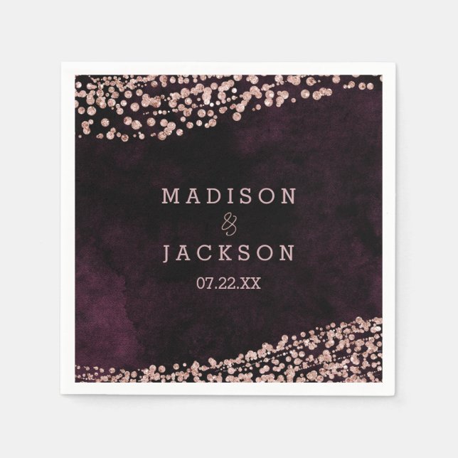 Burgundy Wine & Rose Gold Monogram Wedding Paper Napkins (Front)