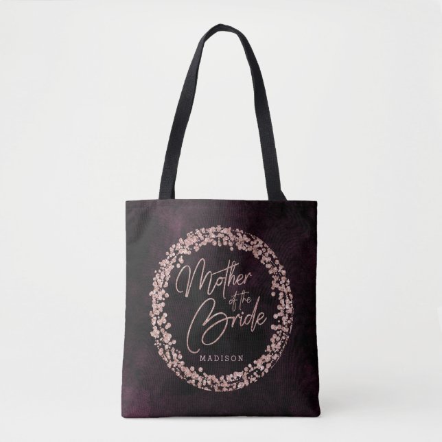 Burgundy Wine & Rose Gold Mother of the Bride Tote Bag (Front)