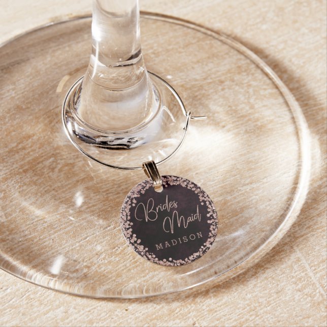 Burgundy Wine & Rose Gold Wedding Bridesmaid Wine Glass Charm (In Situ)