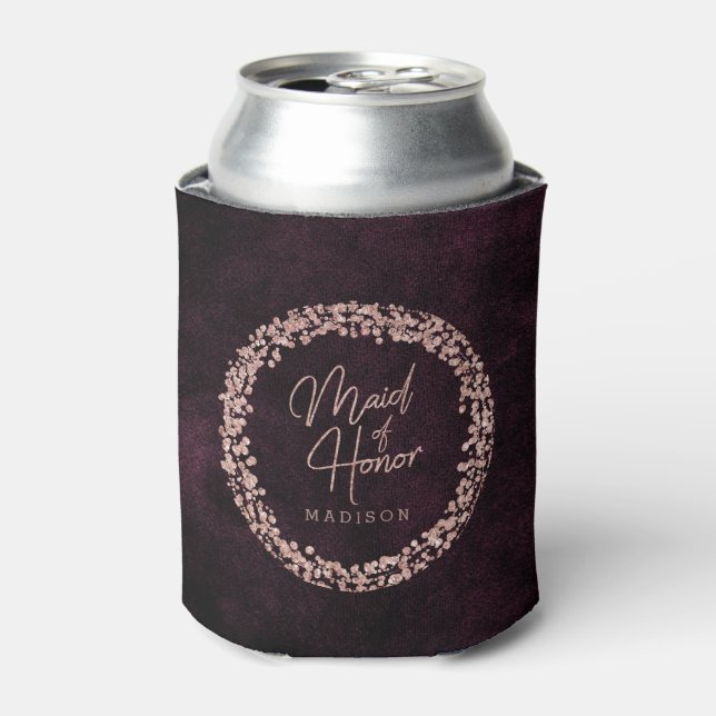 Burgundy Wine & Rose Gold Wedding Maid of Honor Can Cooler (Can Front)