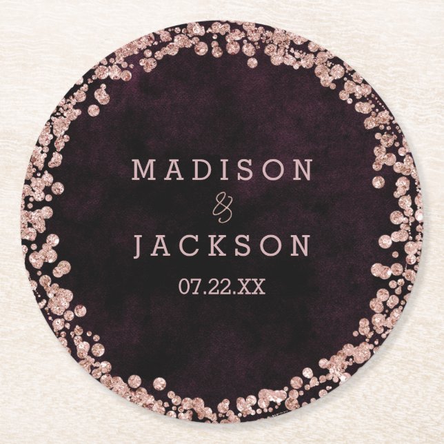 Burgundy Wine & Rose Gold Wedding Monogram Round Paper Coaster (Front)