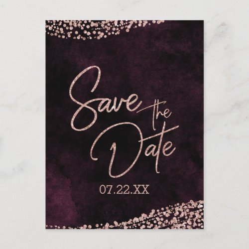 Burgundy Wine  Rose Gold Wedding Save the Date Announcement Postcard