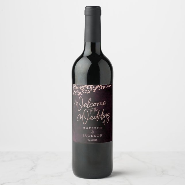 Burgundy Wine & Rose Gold Wedding Welcome Wine Label (Front)