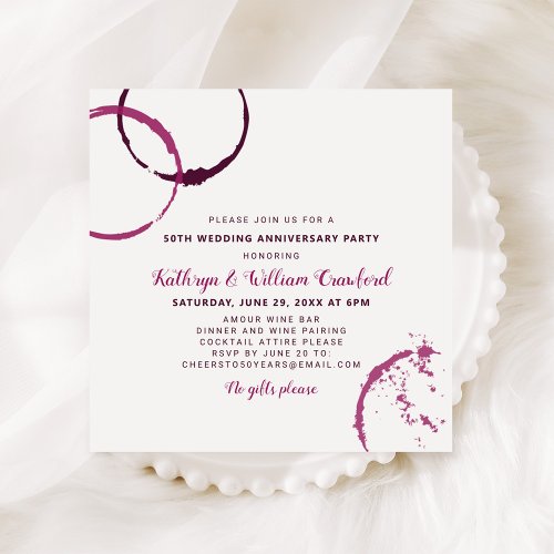 Burgundy Wine Stains 50th Wedding Anniversary Invitation