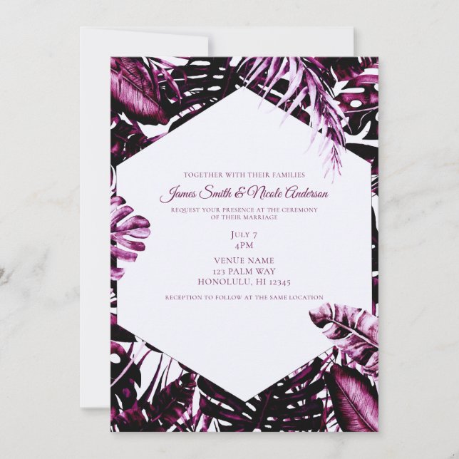Burgundy Wine Tropical Palm Leaves Chic Wedding  Invitation (Front)