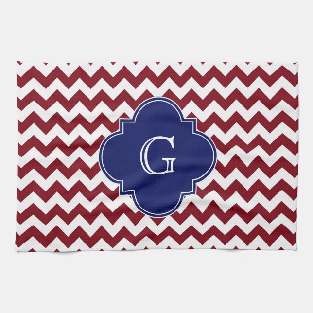Burgundy Wine, White Chevron Zig-Zag Navy Monogram Kitchen Towel (Horizontal)
