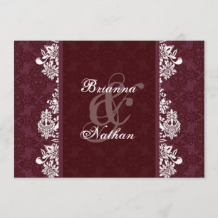 Burgundy Wine & White Damask Wedding Linen Paper Invitation