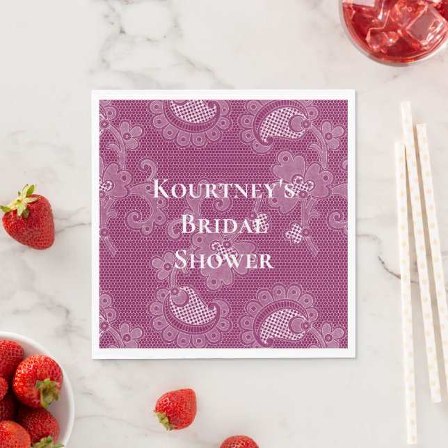 Burgundy Wine White Lace Floral Bridal Shower Napkins (Insitu)