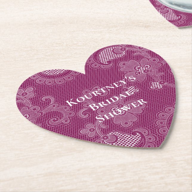 Burgundy Wine White Lace Floral Bridal Shower Paper Coaster (Angled)