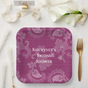 Burgundy Wine White Lace Floral Bridal Shower Paper Plates