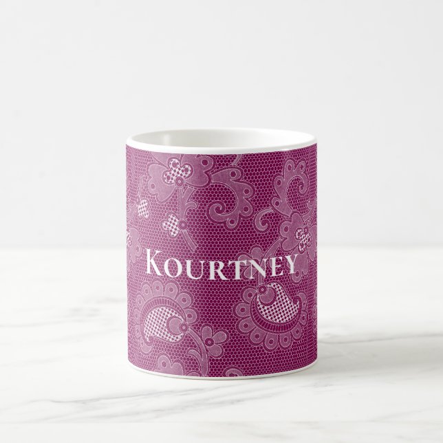 Burgundy Wine White Lace Floral Coffee Mug (Center)