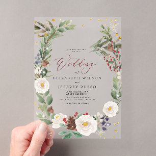 Burgundy Winter Botanical Christmas Wedding Acrylic Invitations