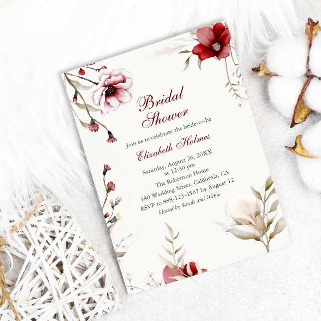 Burgundy Winter Elegance Bridal Shower Invitation (Burgundy Winter Elegance Bridal Shower Invitation on cozy white background with cotton flowers.)