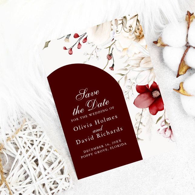 Burgundy Winter Elegance Save the Date Card (Dark Burgundy floral Save the Date Card on white cozy background)