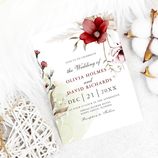 Burgundy Winter Elegance Wedding Invitation (Modern winter wedding invitation on white cozy background with cotton flowers)