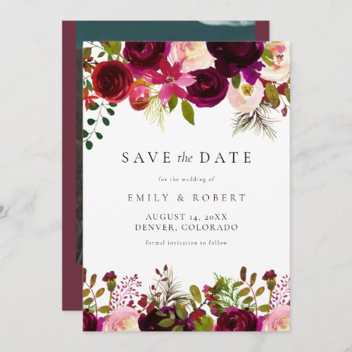 Burgundy Winter Fall Floral Photo Save the Date Invitation